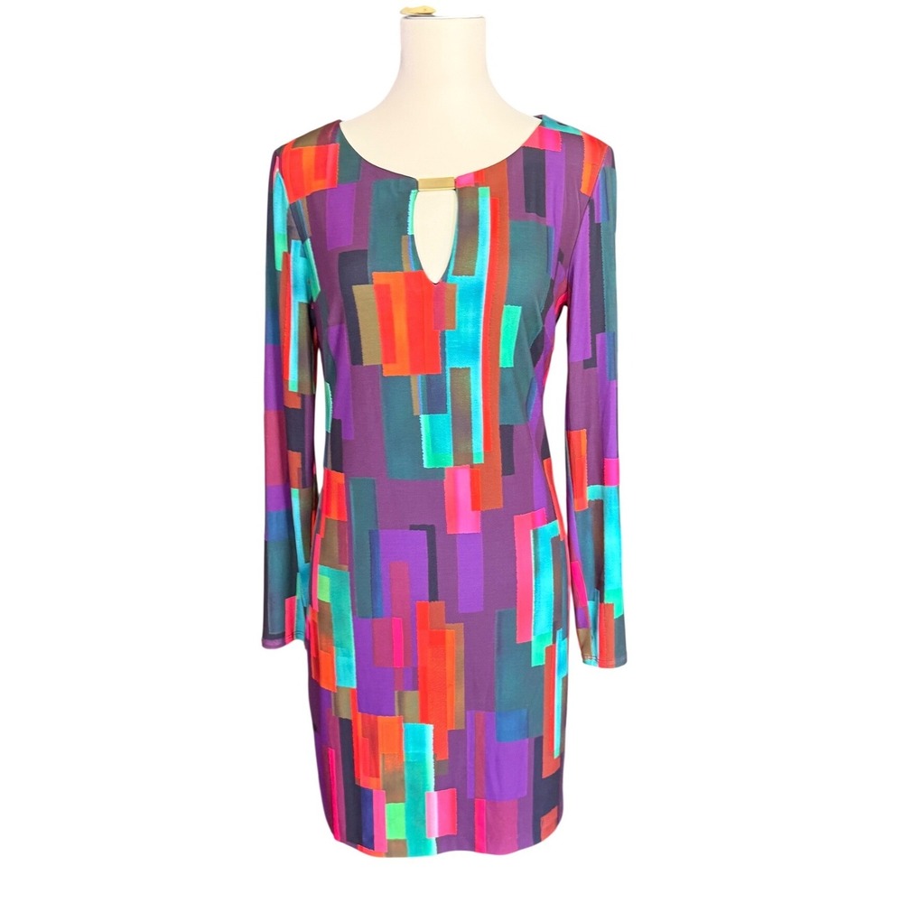 Trina Turk Geometric Block Print Keyhole Long Sleeve Dress Purple Orange Size 8